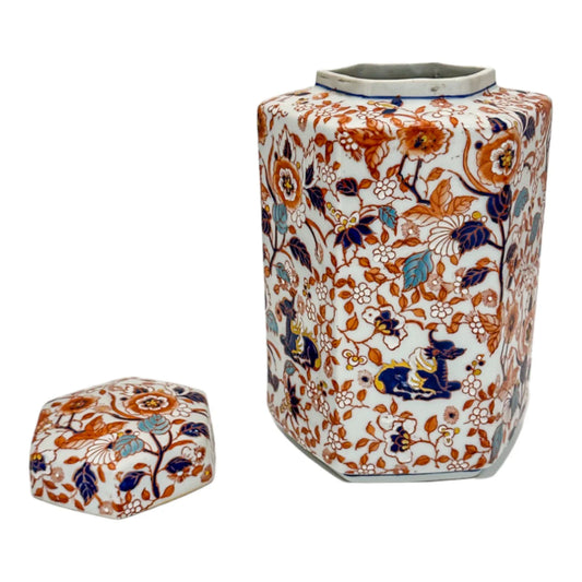 Japanese Meiji era hexagonal lidded caddy / ginger jar with blossoming flowers