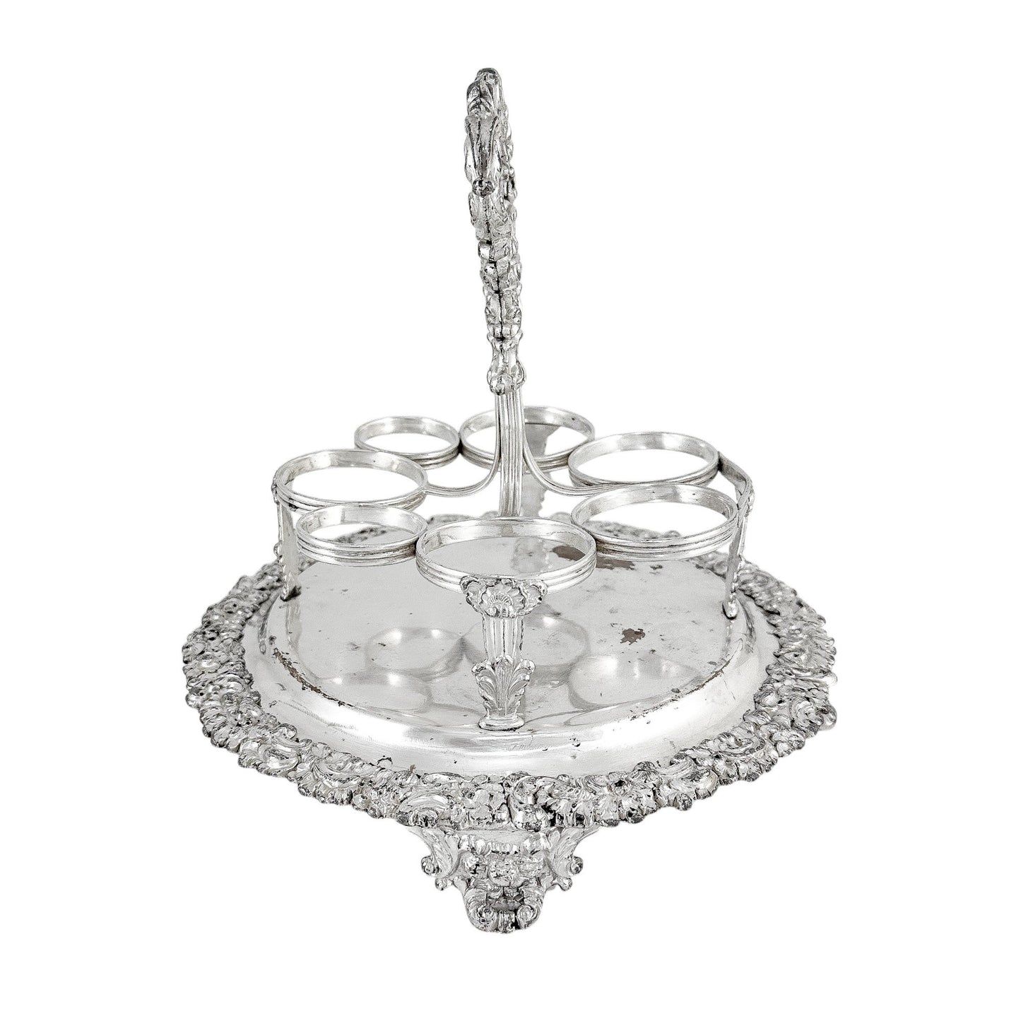 George III Old Sheffield silver plate cruet stand for 7 bottles, raised on paw feet