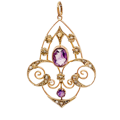 Art Nouveau lavalier amethyst pearl pendant 9ct yellow gold