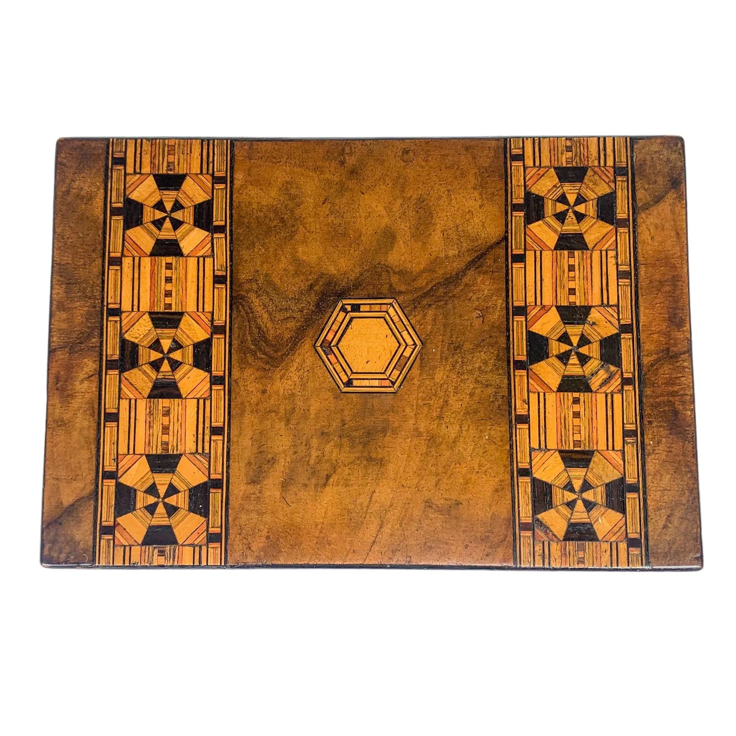 Victorian Tunbridge Ware walnut keepsake box inlaid with marquetry and lined with silk