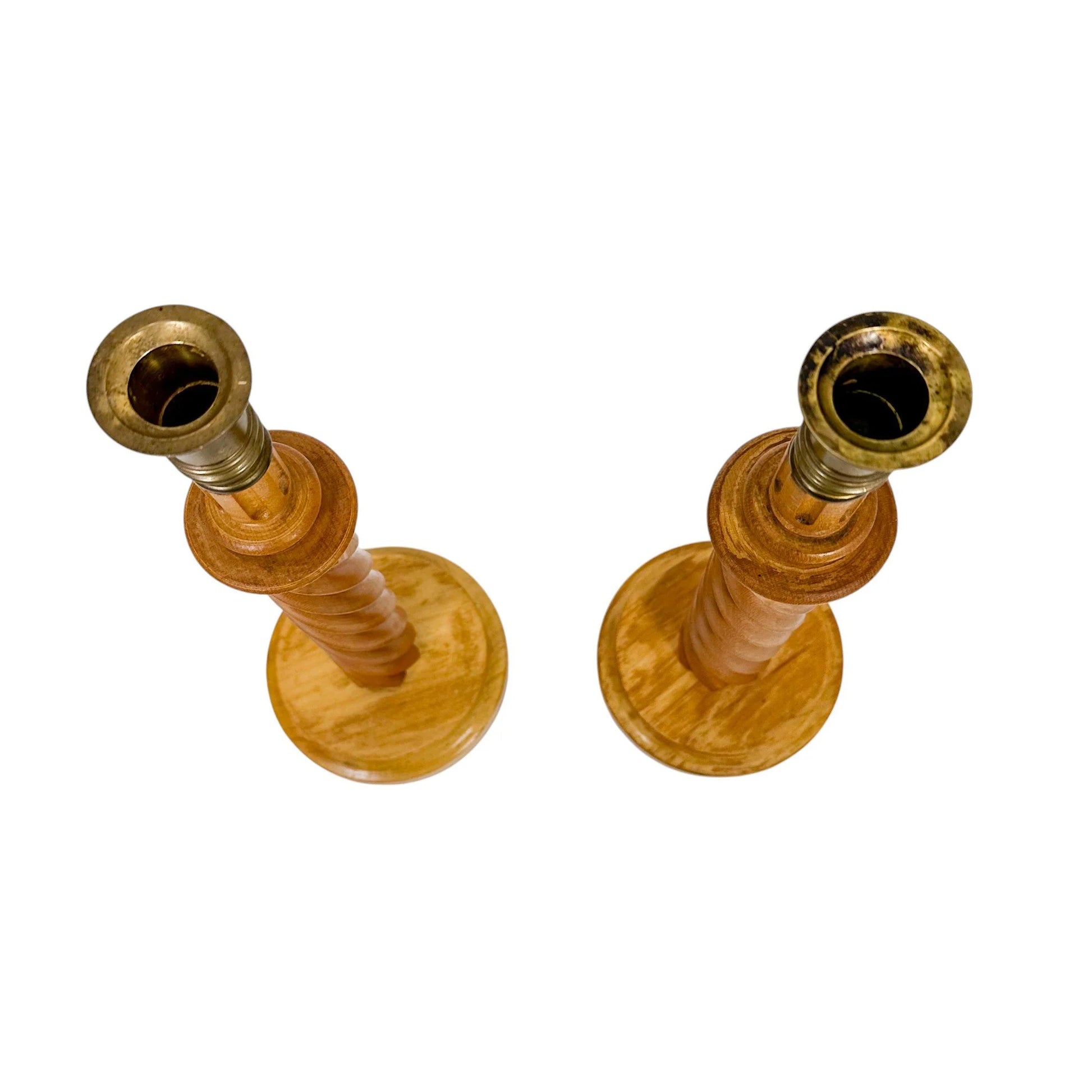Vintage pair of pine French barley twist tall candleholders