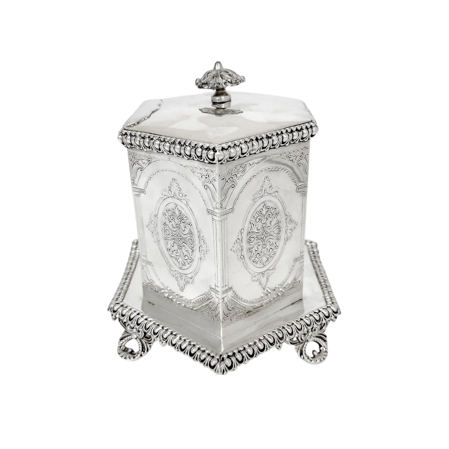 Victorian Neoclassical 6-sided silver-plated biscuit barrel on cast feet with egg-and-dart trim