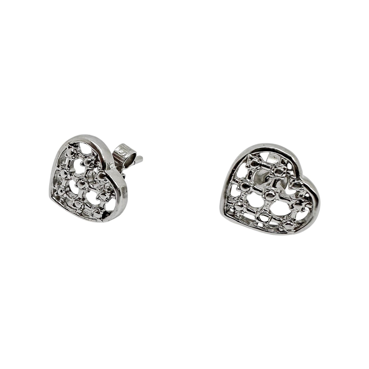 Vintage 9ct white gold openwork heart stud earrings with beaded design