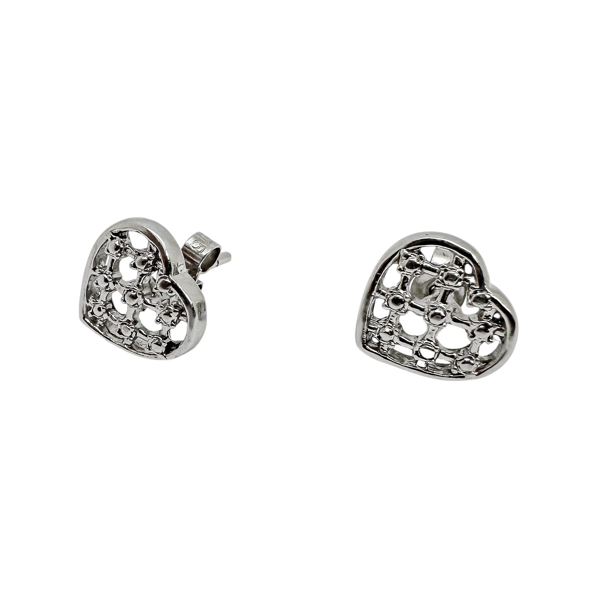 Vintage 9ct white gold openwork heart stud earrings with beaded design
