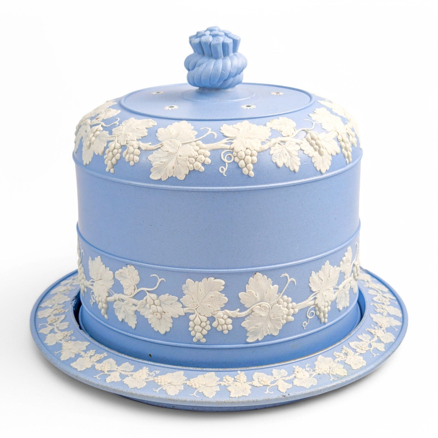 Antique English Wedgwood style blue jasperware cheese dome and stand with grapevine decoration, 19th century