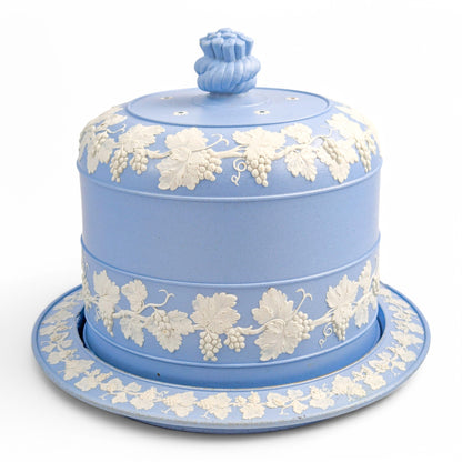 Antique English Wedgwood style blue jasperware cheese dome and stand with grapevine decoration, 19th century