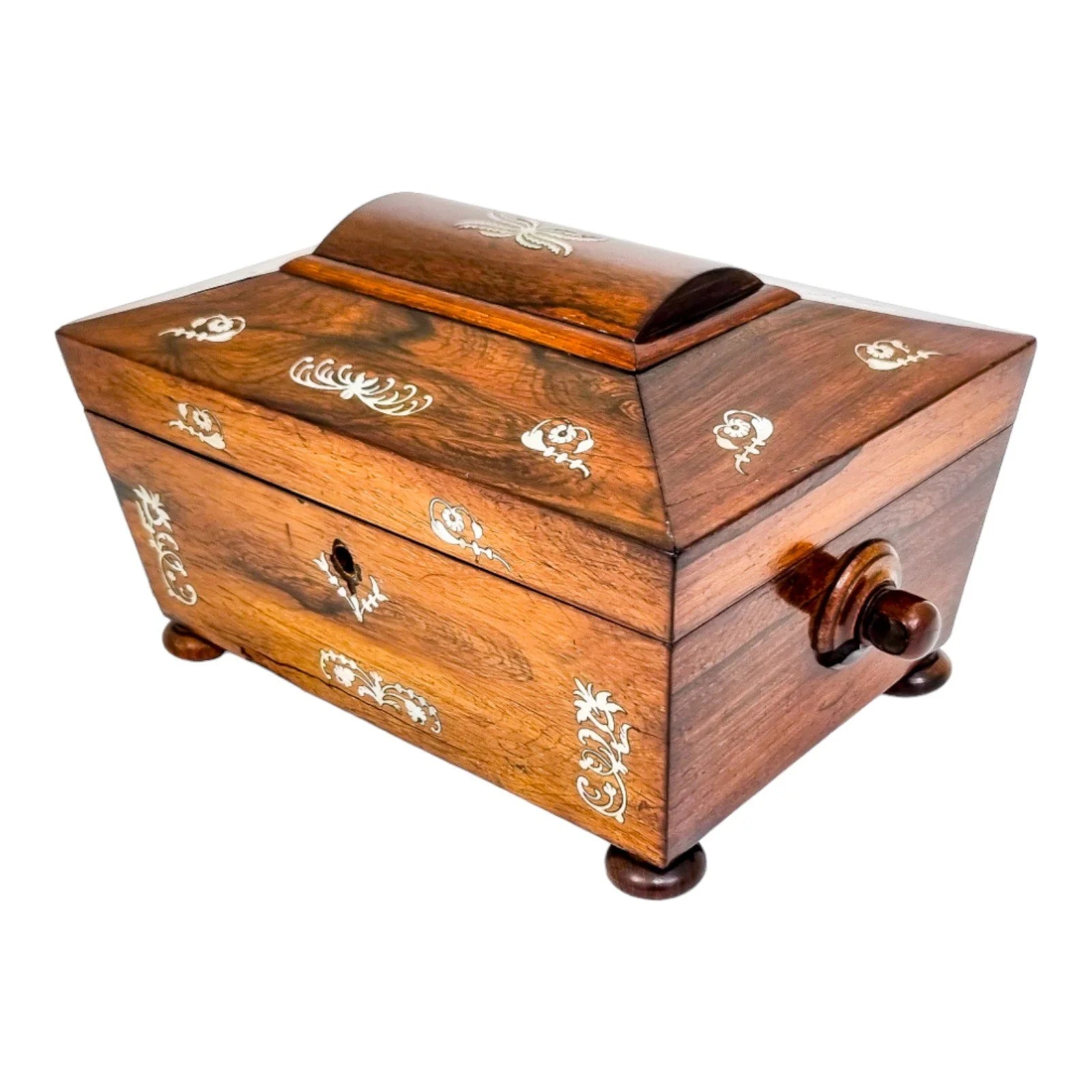 Early Victorian rosewood sarcophagus jewellery case with mother-of-pearl inlay