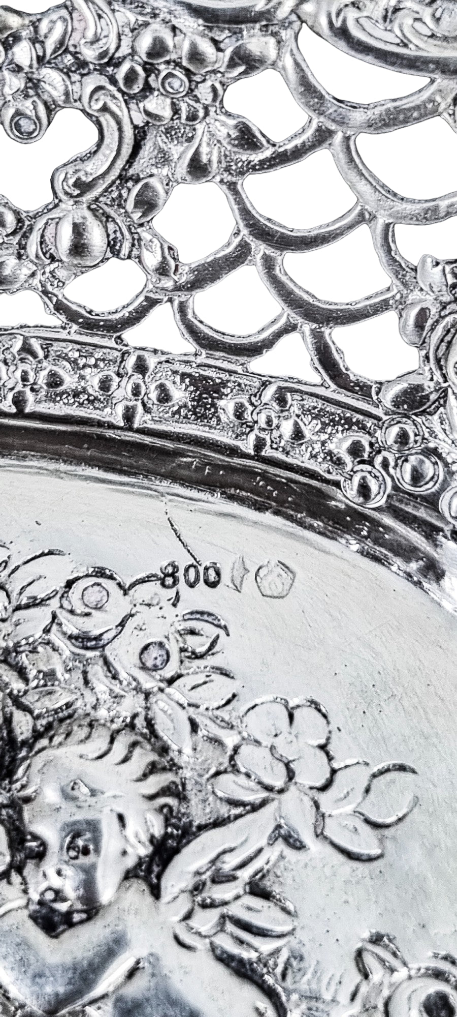 German silver pierced bonbon trinket dish with repousse cherubs and floral garlands