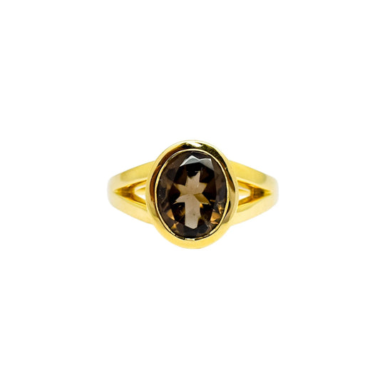 9ct yellow gold bezel set 2ct smoky quartz cocktail statement ring, size M