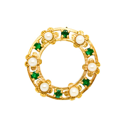 Vintage 9ct gold round openwork brooch / lace pin set with pearl flowers and emeralds
