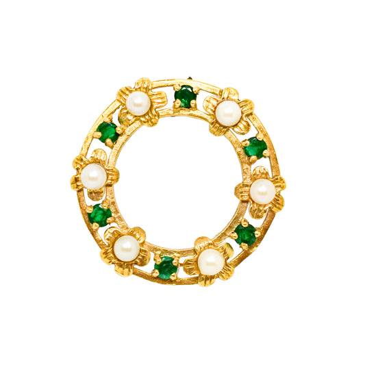 Vintage 9ct gold round openwork brooch / lace pin set with pearl flowers and emeralds