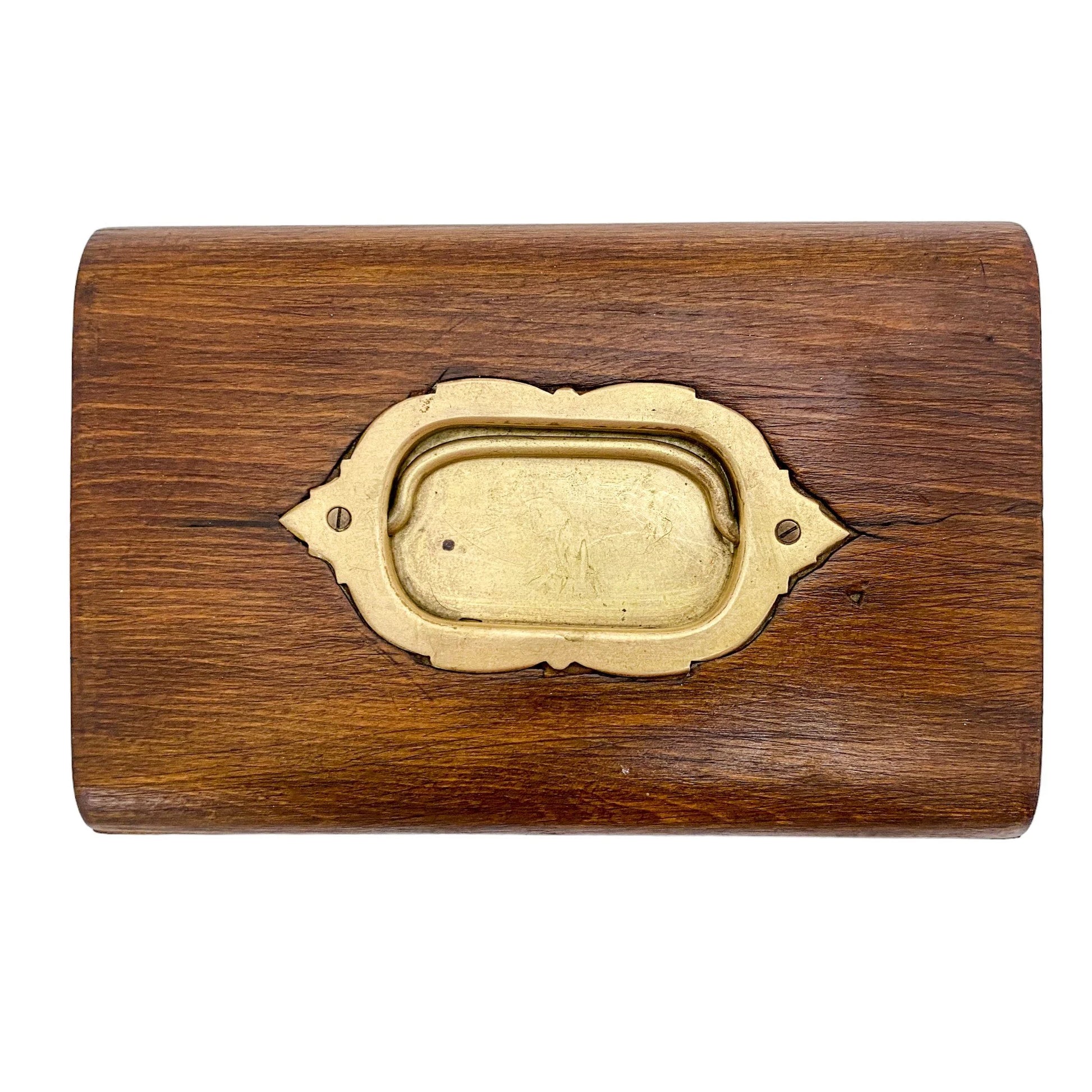 Walnut Victorian trinket storage box with inset brass carry handle and key escutcheon