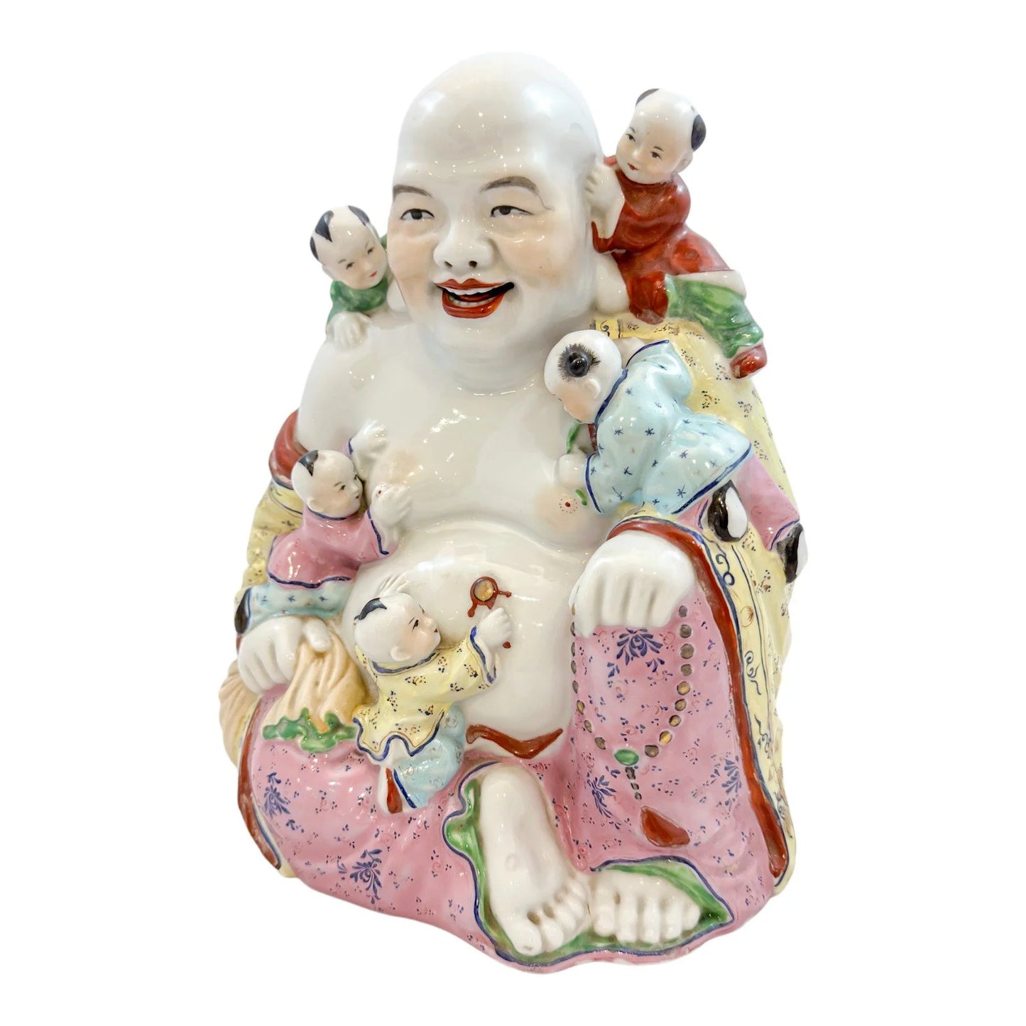 Vintage Chinese porcelain laughing Buddha figurine with children, a symbol of fertility