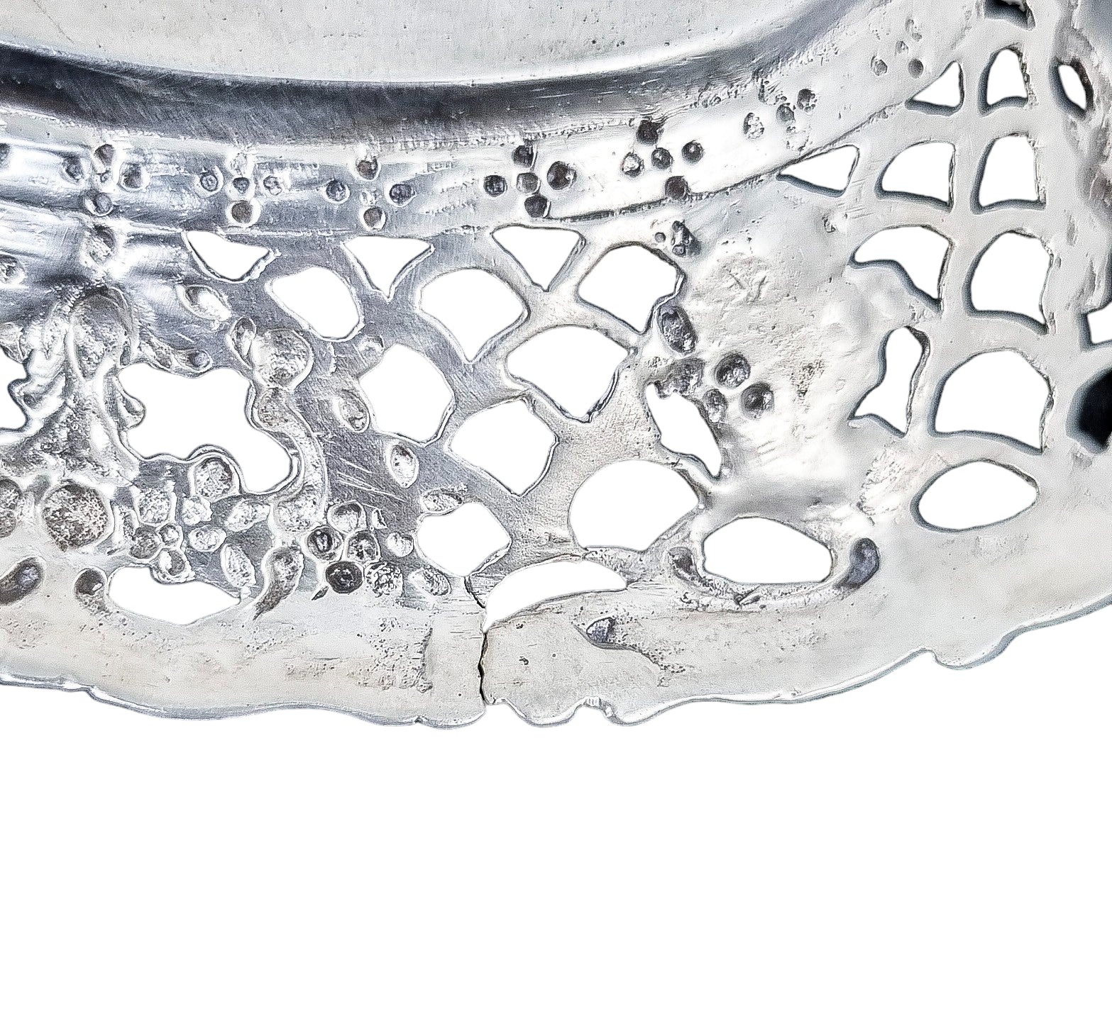 German silver pierced bonbon trinket dish with repousse cherubs and floral garlands