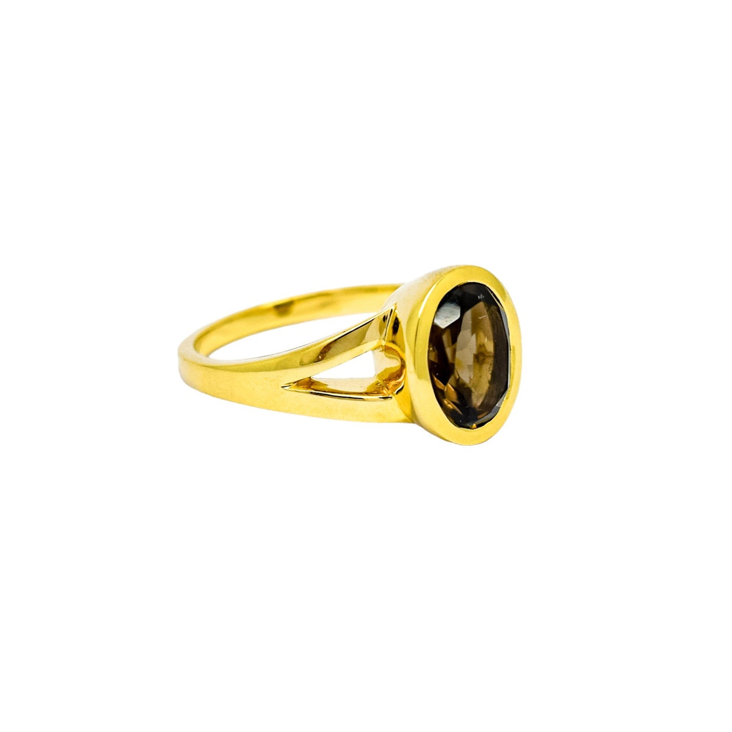 9ct yellow gold bezel set 2ct smoky quartz cocktail statement ring, size M