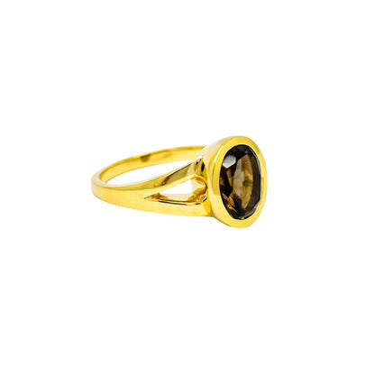 9ct yellow gold bezel set 2ct smoky quartz cocktail statement ring, size M