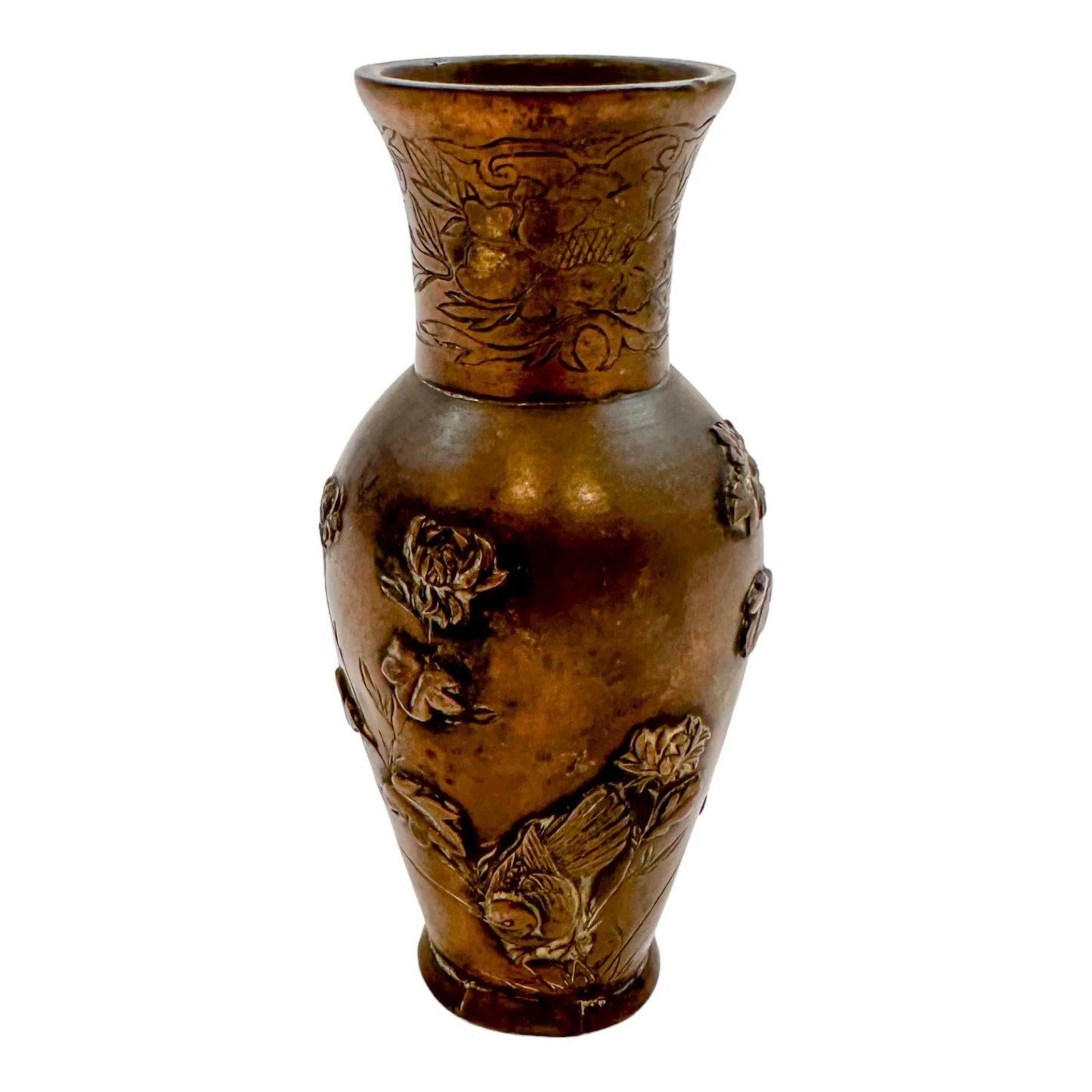 Japanese Meiji era baluster bronze vase with flower and bird motif