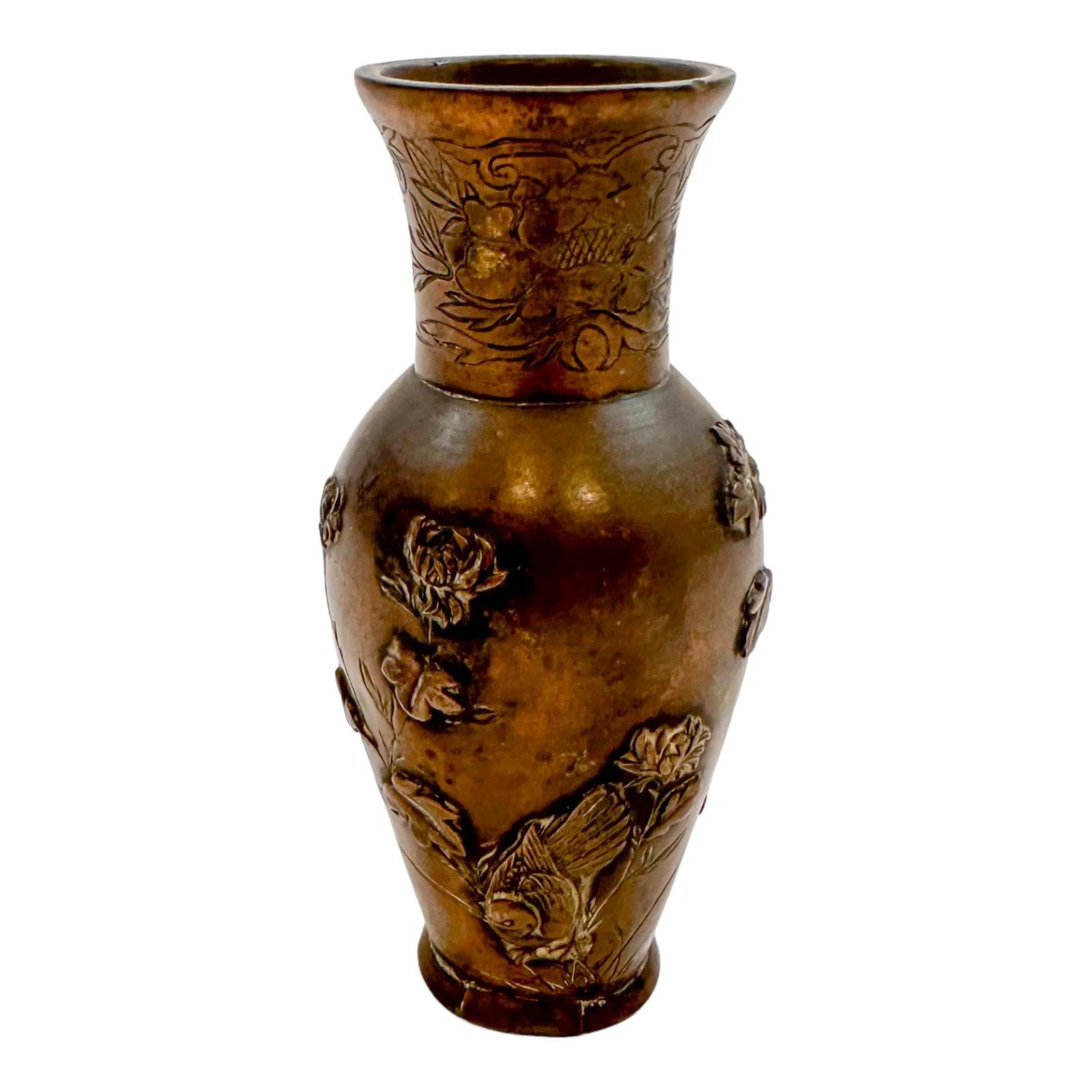 Japanese Meiji era baluster bronze vase with flower and bird motif