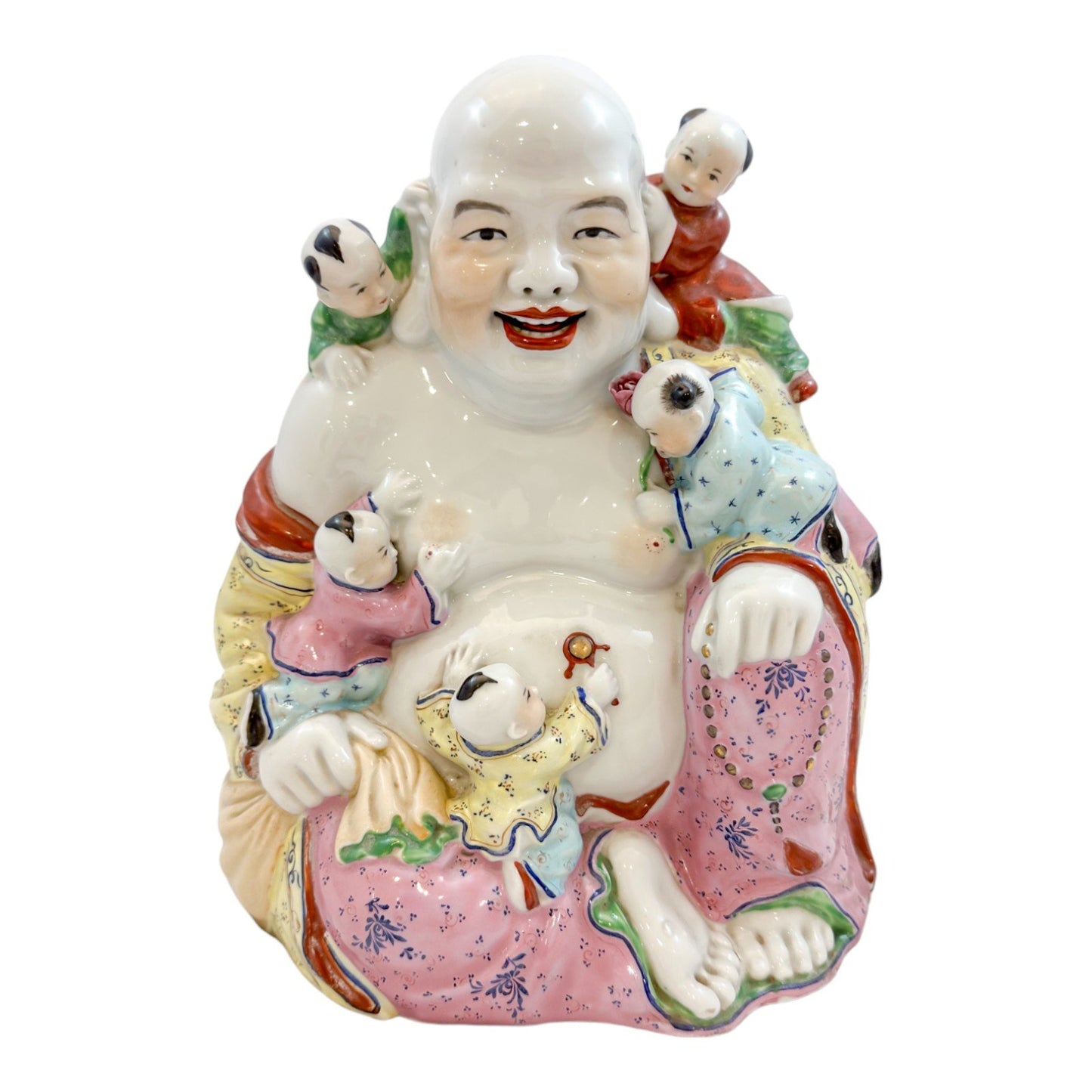 Vintage Chinese porcelain laughing Buddha figurine with children, a symbol of fertility
