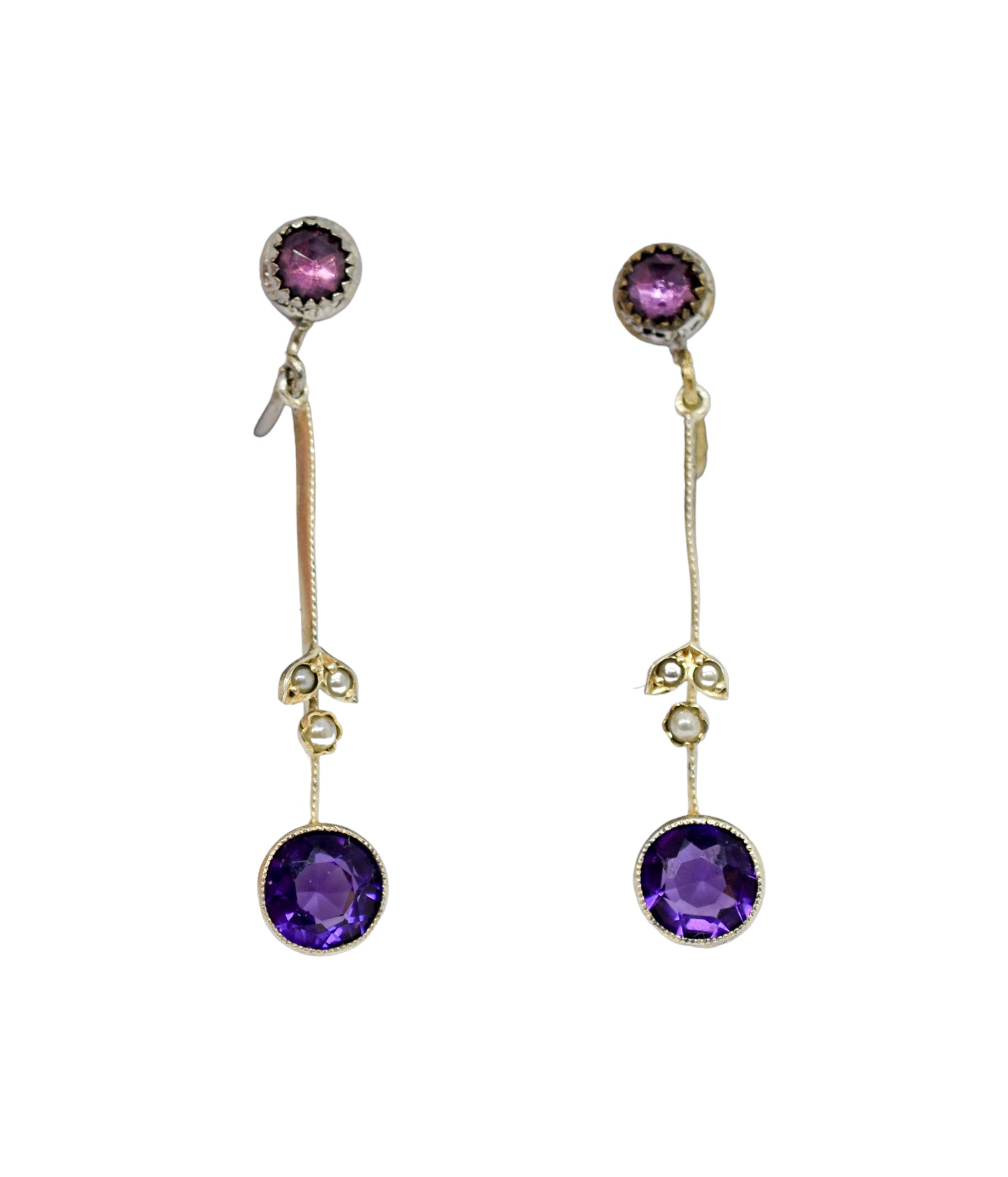Victorian screw fitting drop earrings with seed pearls and paste amethysts