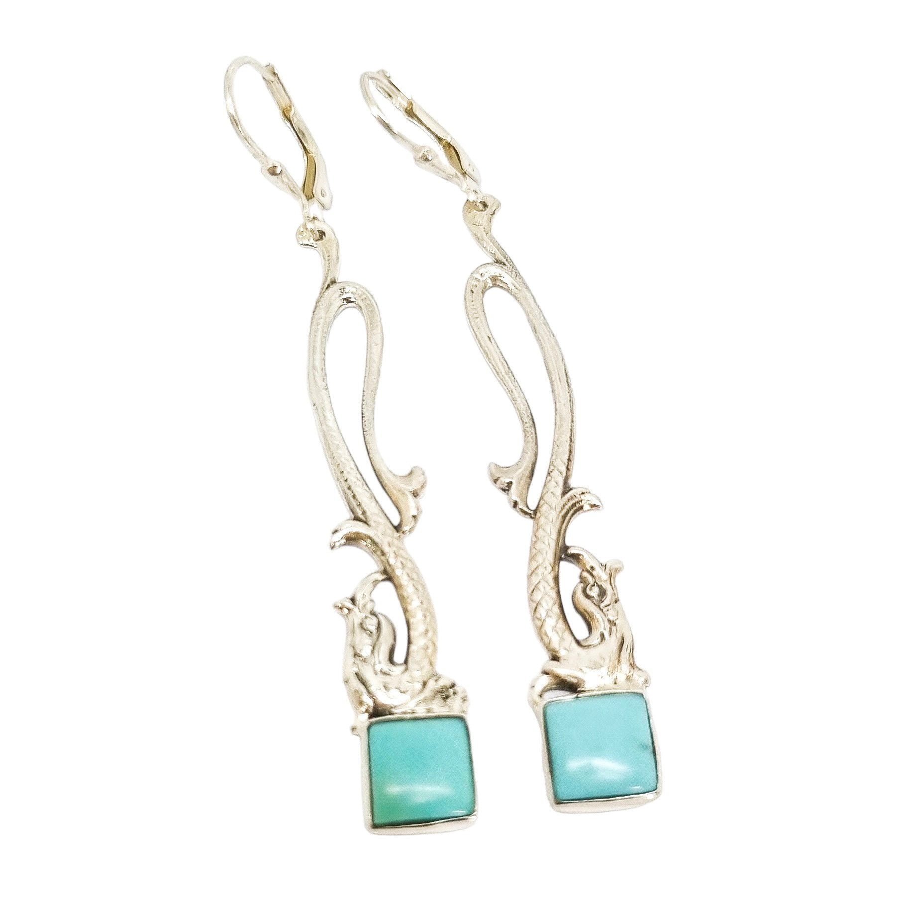 Sterling silver sea serpent dolphin dangle earrings with turquoise