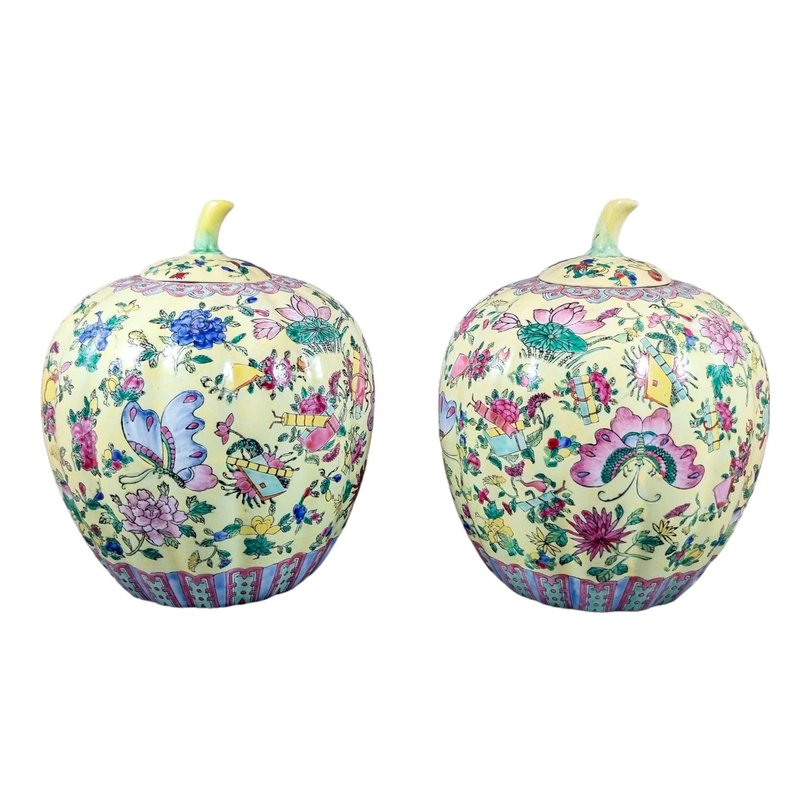 Guangxu Chinese Famille Jaune melon ginger jars painted with lotus flowers and butterflies, Qianlong red mark