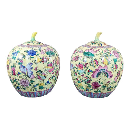 Guangxu Chinese Famille Jaune melon ginger jars painted with lotus flowers and butterflies, Qianlong red mark