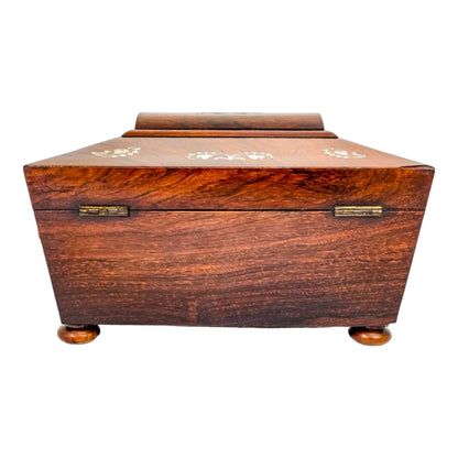 Early Victorian rosewood sarcophagus jewellery case with mother-of-pearl inlay