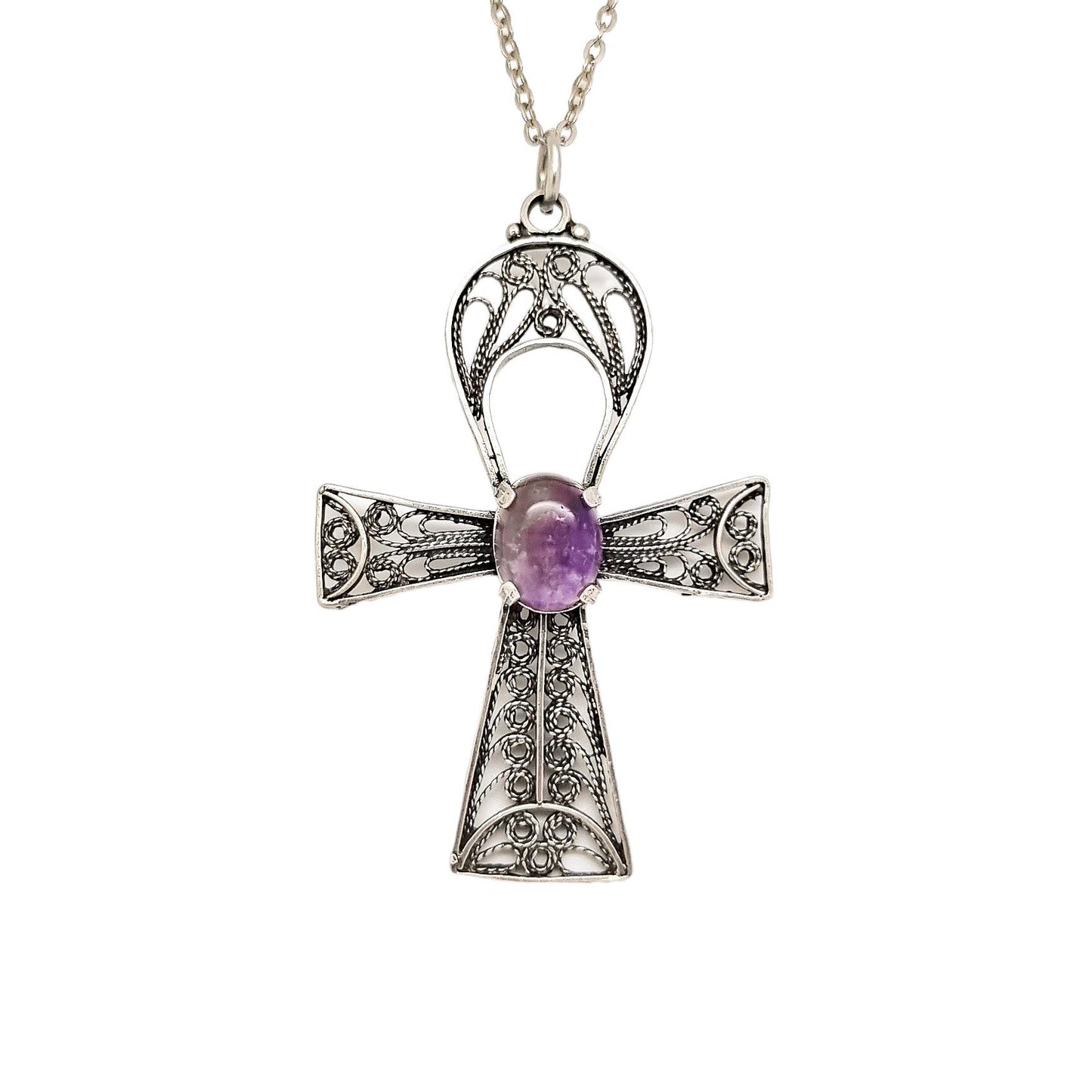 Sterling silver filigree cannetille large Egyptian cross Ankh amulet with fluorite