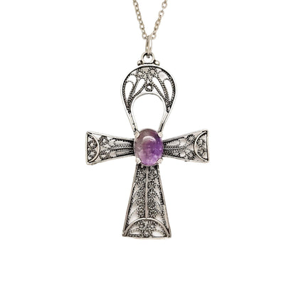 Sterling silver filigree cannetille large Egyptian cross Ankh amulet with fluorite
