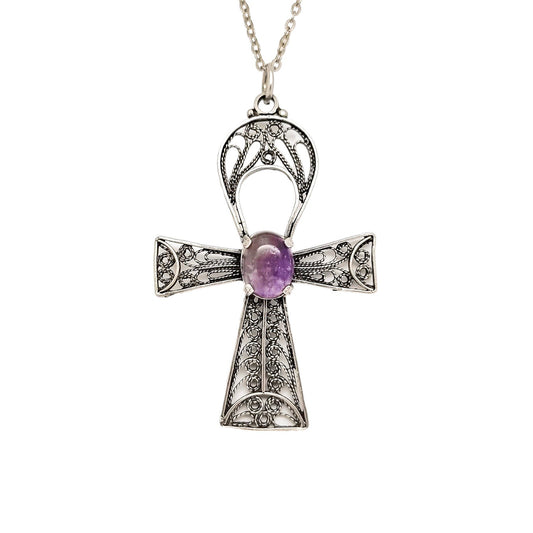Sterling silver filigree cannetille large Egyptian cross Ankh amulet with fluorite
