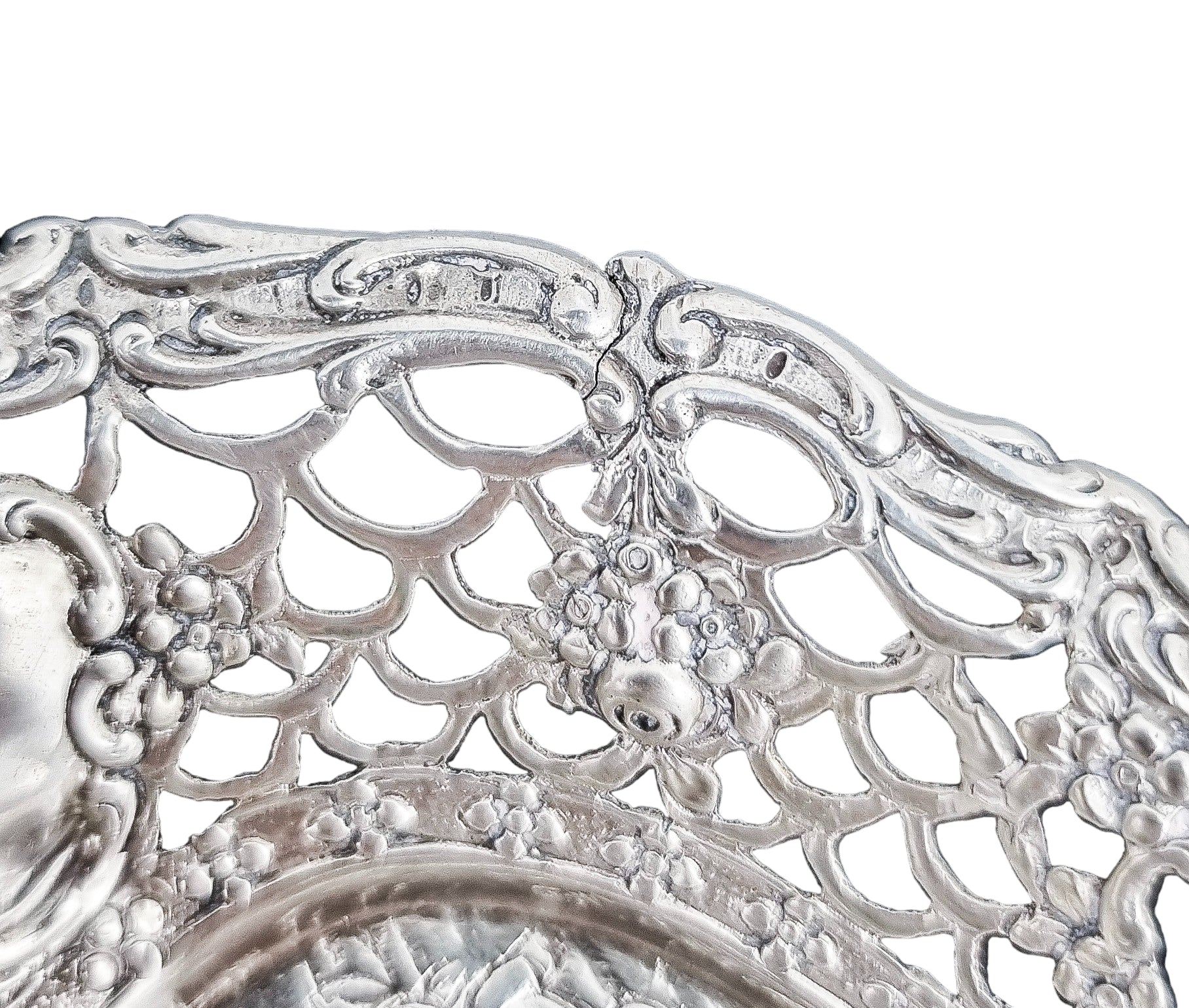 German silver pierced bonbon trinket dish with repousse cherubs and floral garlands