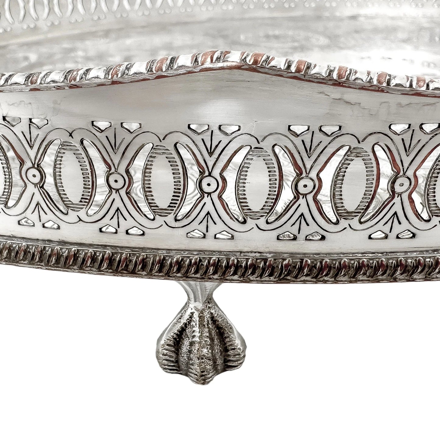 Vintage silver plated oval gallery serving tray on bird claw feet, in Louis XV style