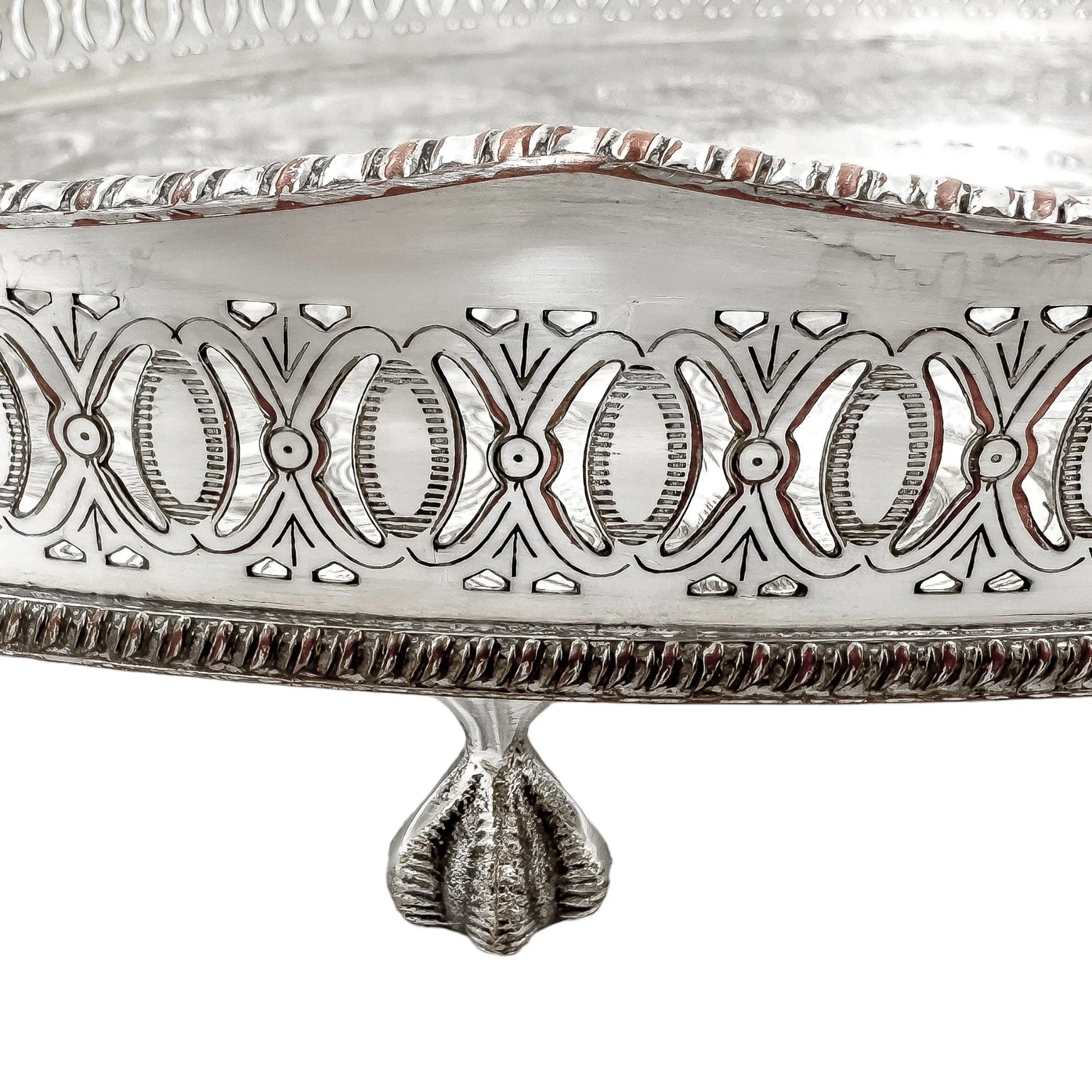 Vintage silver plated oval gallery serving tray on bird claw feet, in Louis XV style