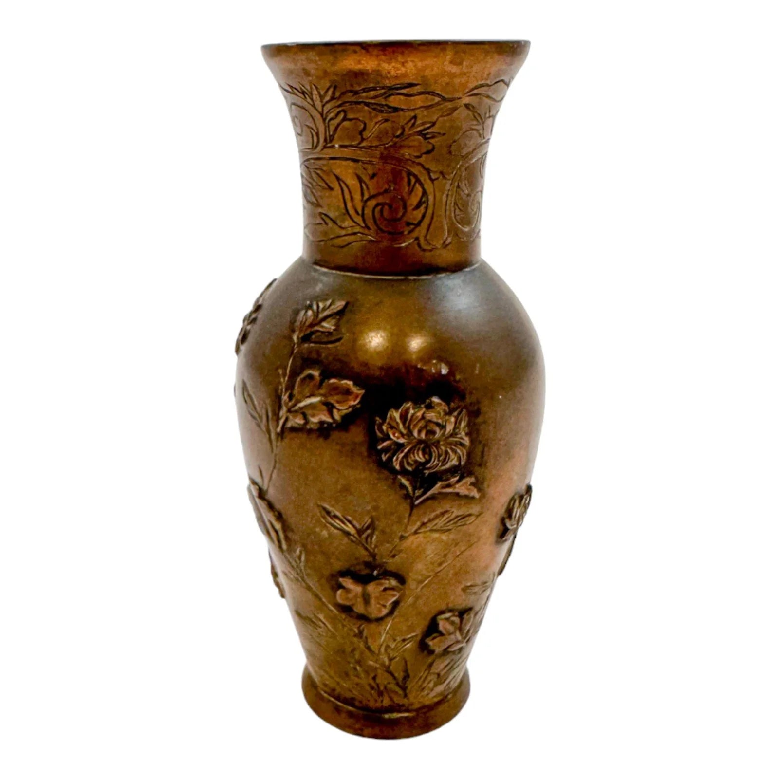 Japanese Meiji era baluster bronze vase with flower and bird motif