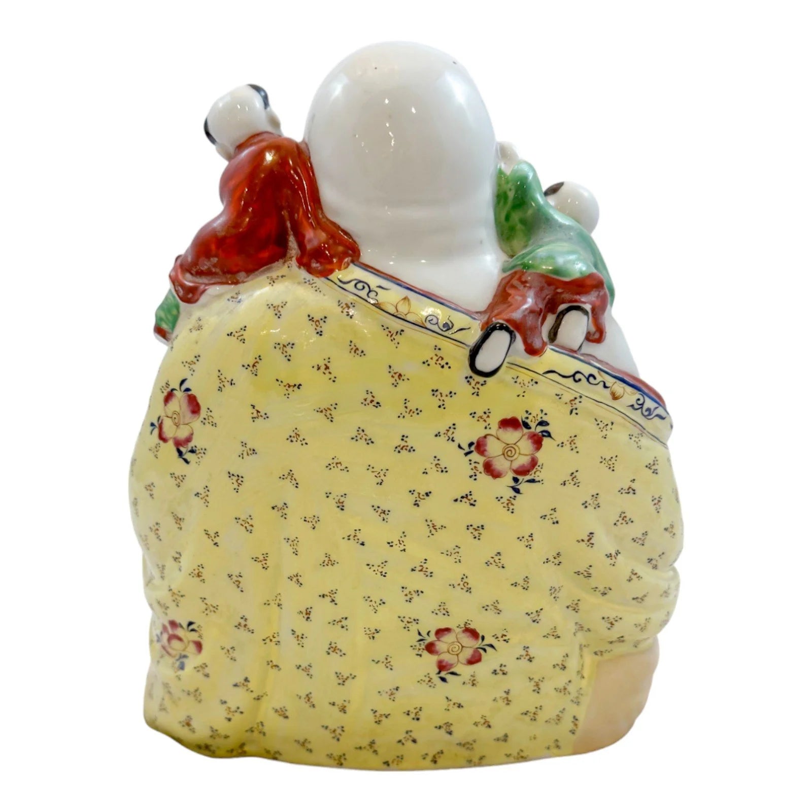 Vintage Chinese porcelain laughing Buddha figurine with children, a symbol of fertility