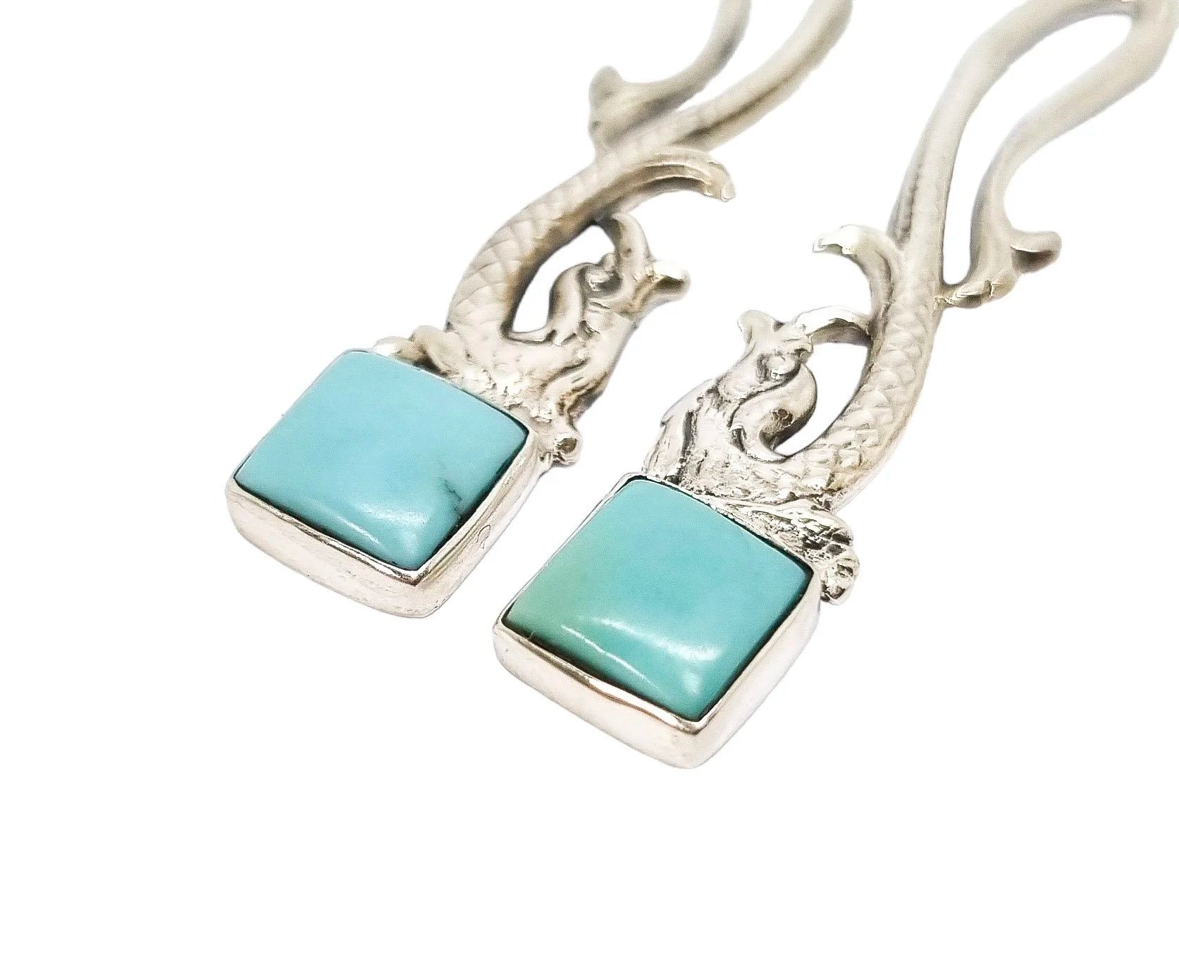 Sterling silver sea serpent dolphin dangle earrings with turquoise