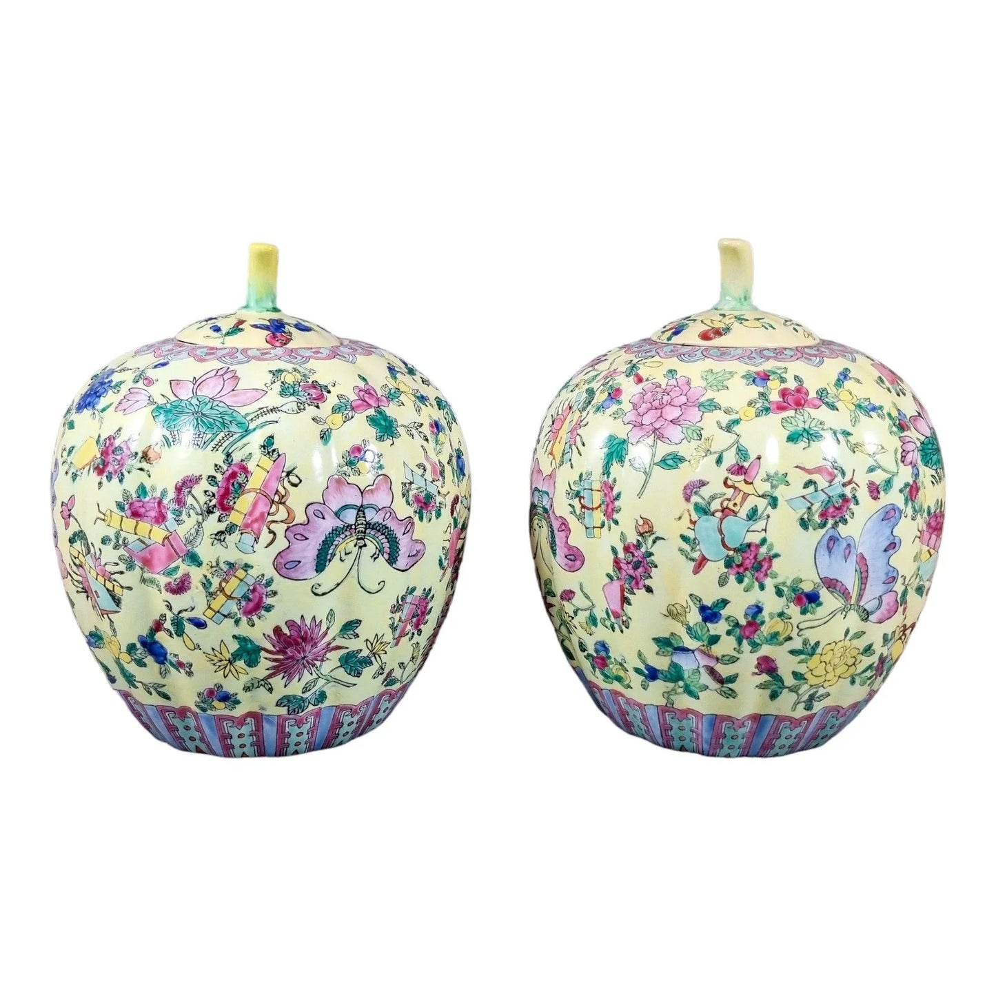 Guangxu Chinese Famille Jaune melon ginger jars painted with lotus flowers and butterflies, Qianlong red mark