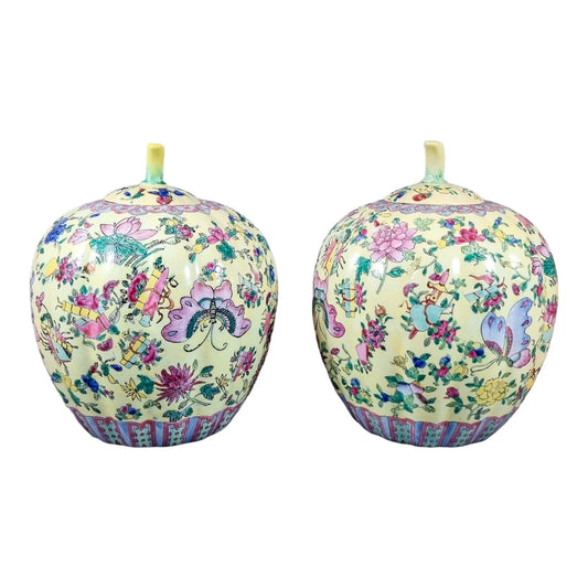Guangxu Chinese Famille Jaune melon ginger jars painted with lotus flowers and butterflies, Qianlong red mark