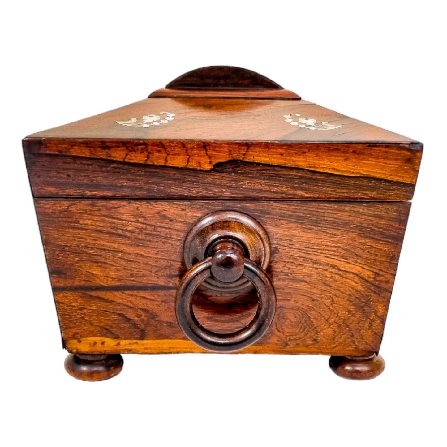 Early Victorian rosewood sarcophagus jewellery case with mother-of-pearl inlay