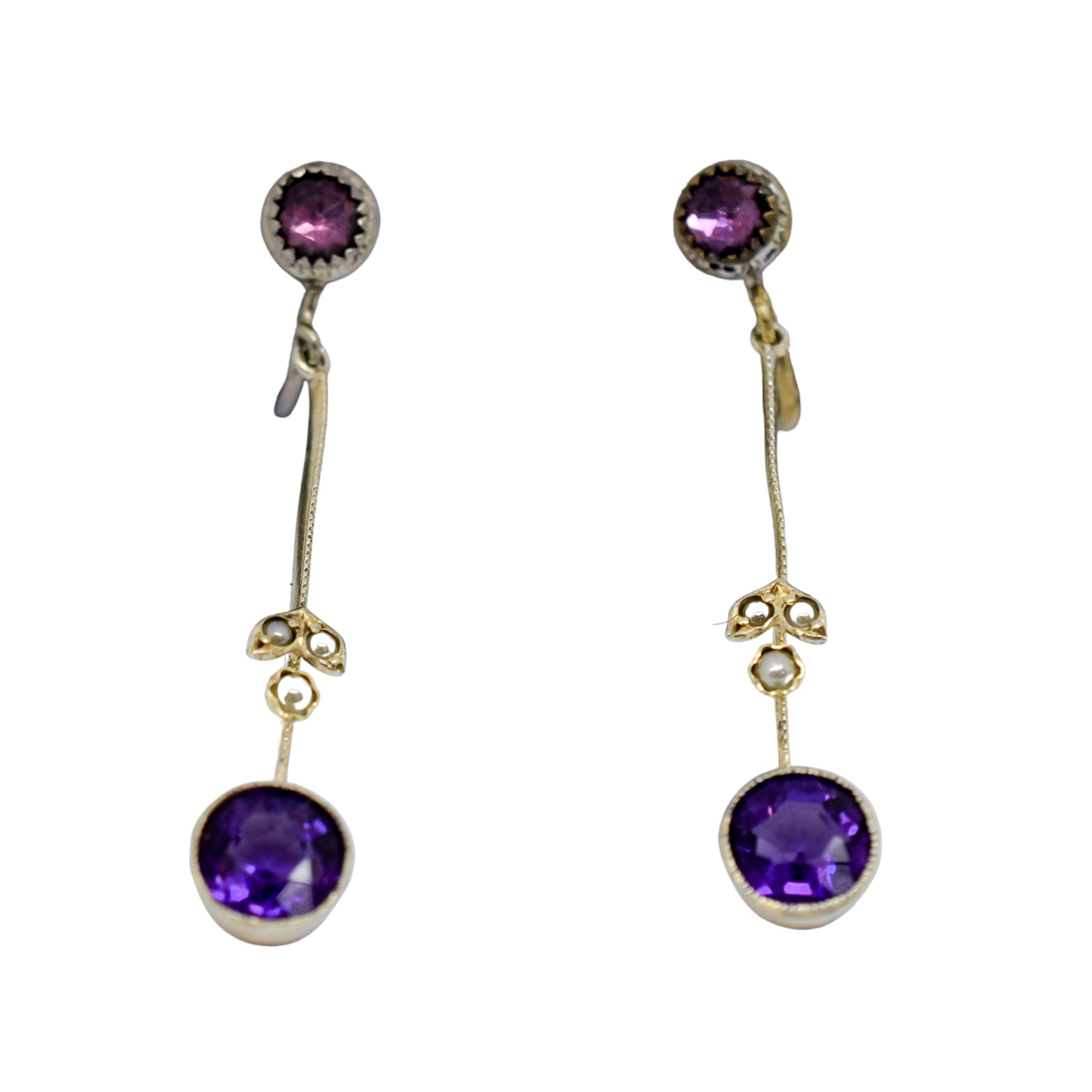 Victorian screw fitting drop earrings with seed pearls and paste amethysts