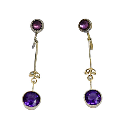 Victorian screw fitting drop earrings with seed pearls and paste amethysts