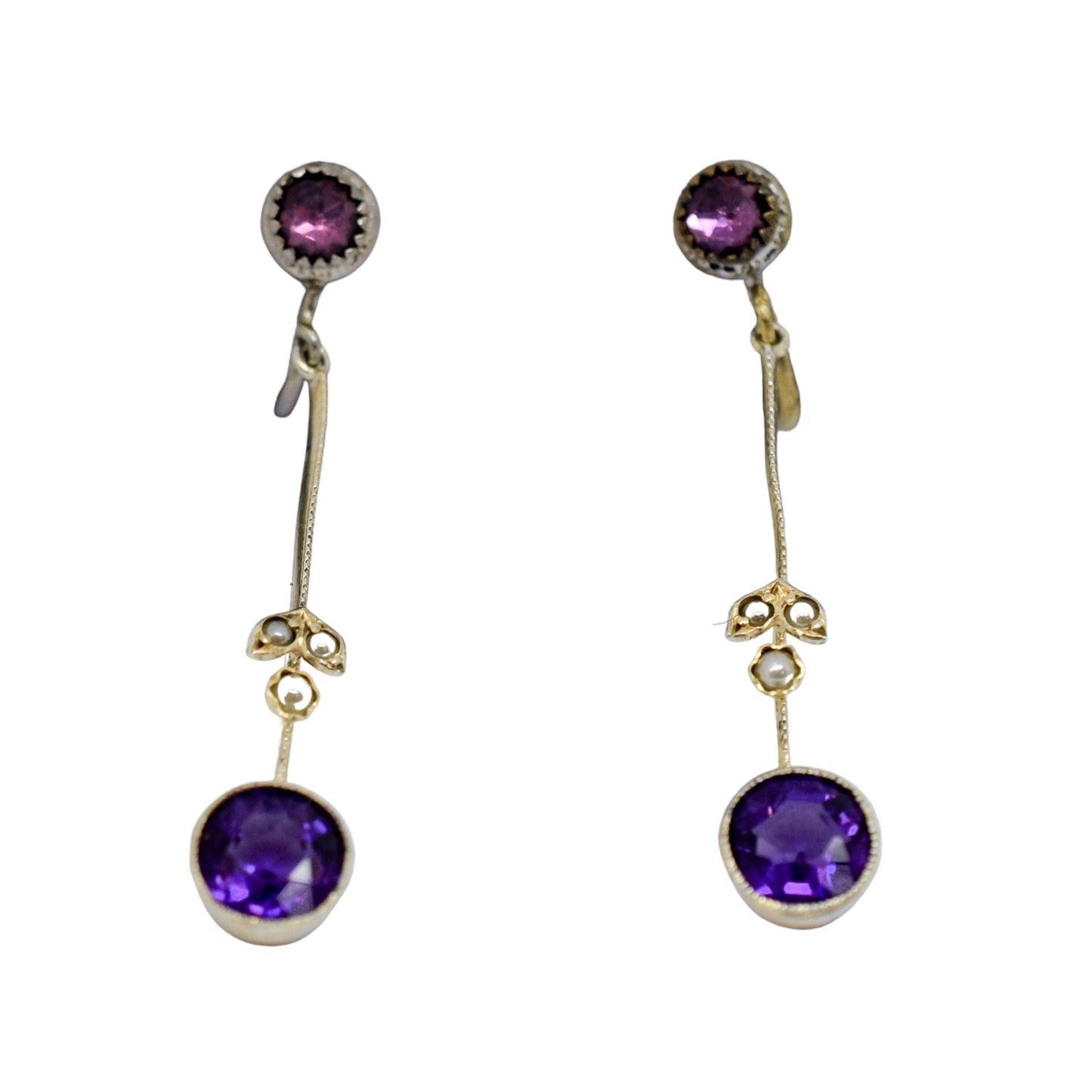 Victorian screw fitting drop earrings with seed pearls and paste amethysts