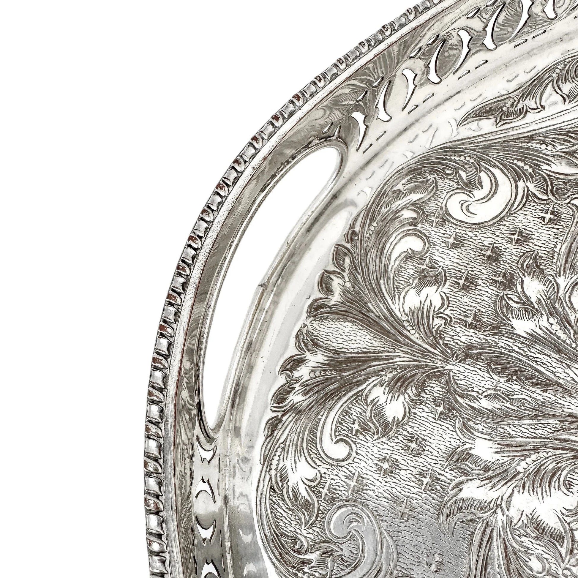 Vintage silver plated oval gallery serving tray on bird claw feet, in Louis XV style