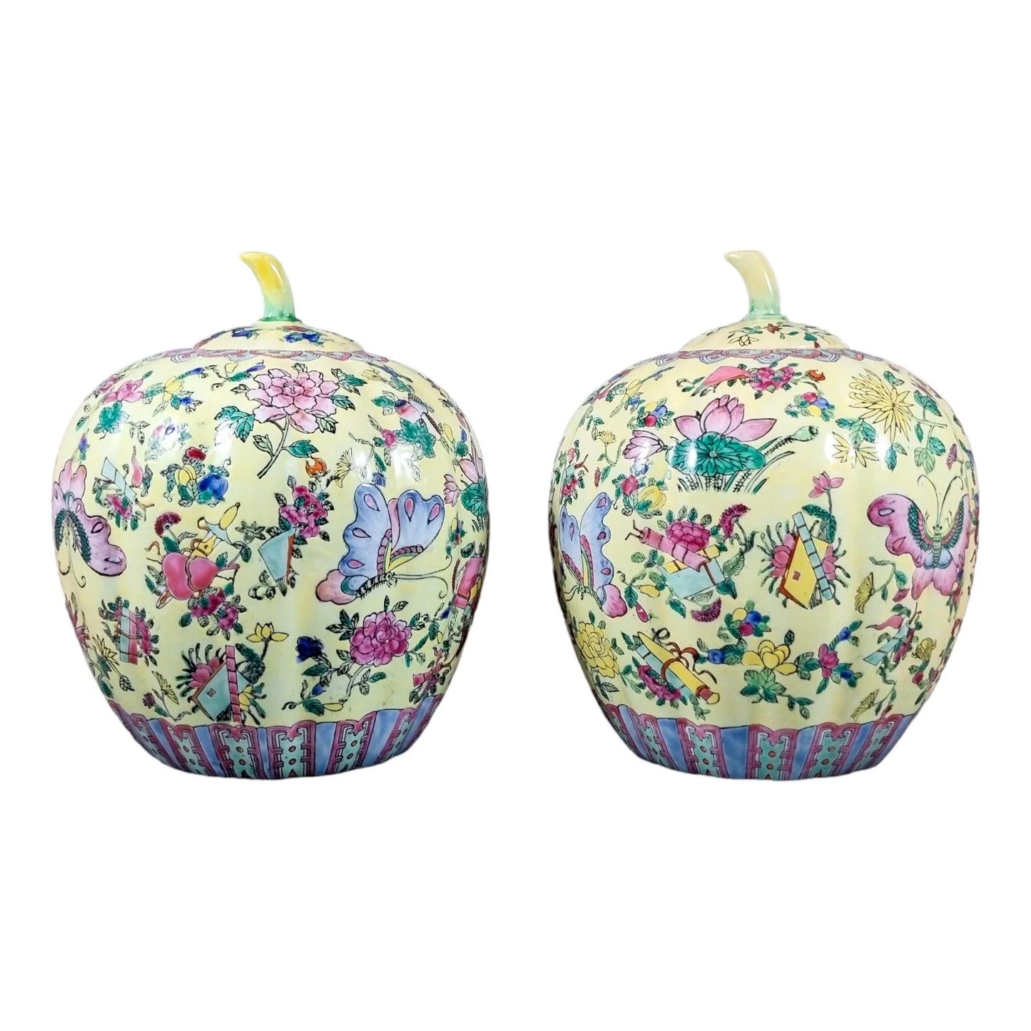 Guangxu Chinese Famille Jaune melon ginger jars painted with lotus flowers and butterflies, Qianlong red mark