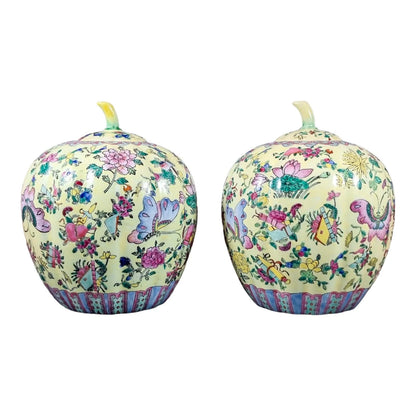 Guangxu Chinese Famille Jaune melon ginger jars painted with lotus flowers and butterflies, Qianlong red mark