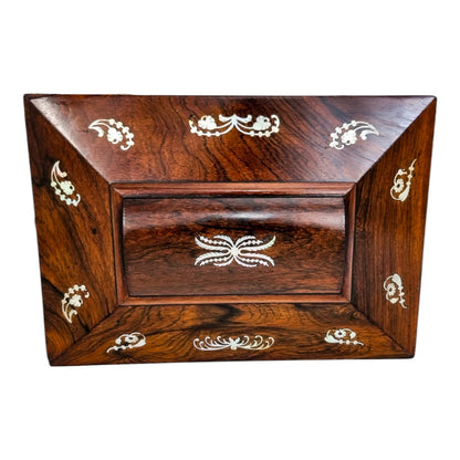 Early Victorian rosewood sarcophagus jewellery case with mother-of-pearl inlay