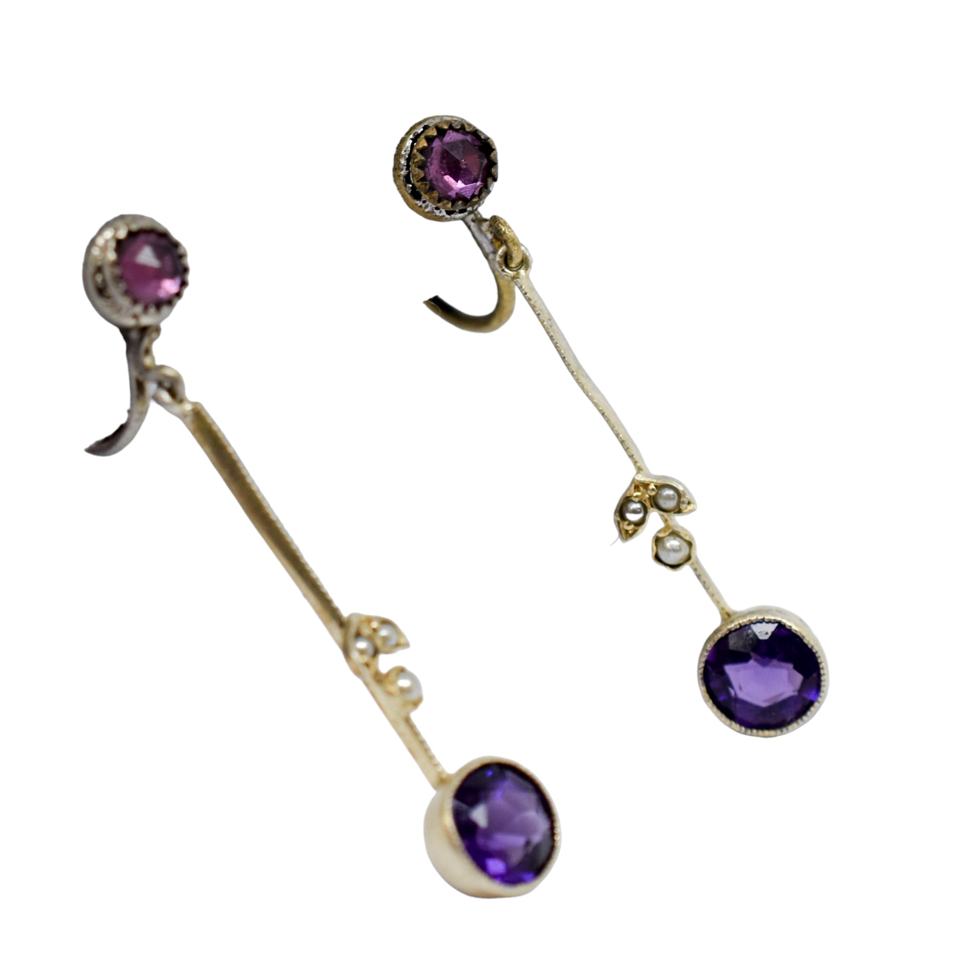 Victorian screw fitting drop earrings with seed pearls and paste amethysts