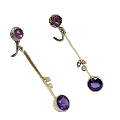 Victorian screw fitting drop earrings with seed pearls and paste amethysts