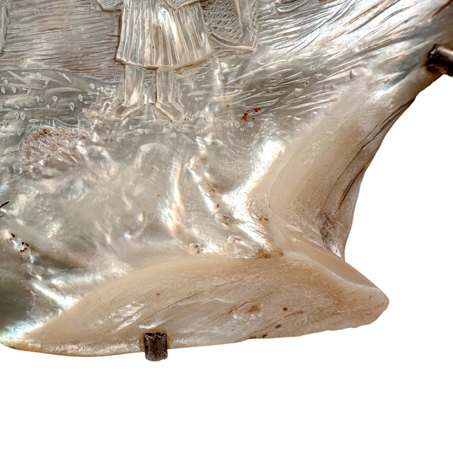 19th-century Flemish mother-of-pearl shell carving of fisherwoman